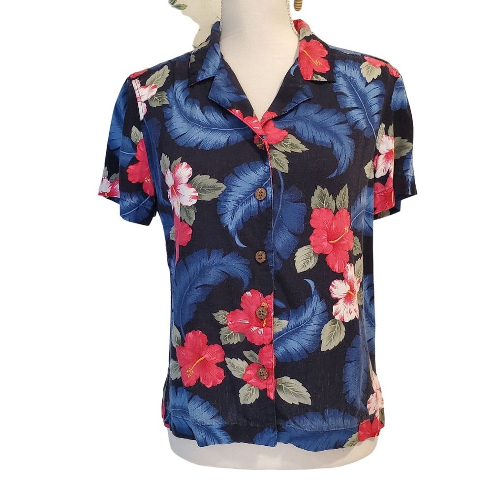 La Cabana 90s Vintage Hawaiian Floral Button Front Top Women's Small